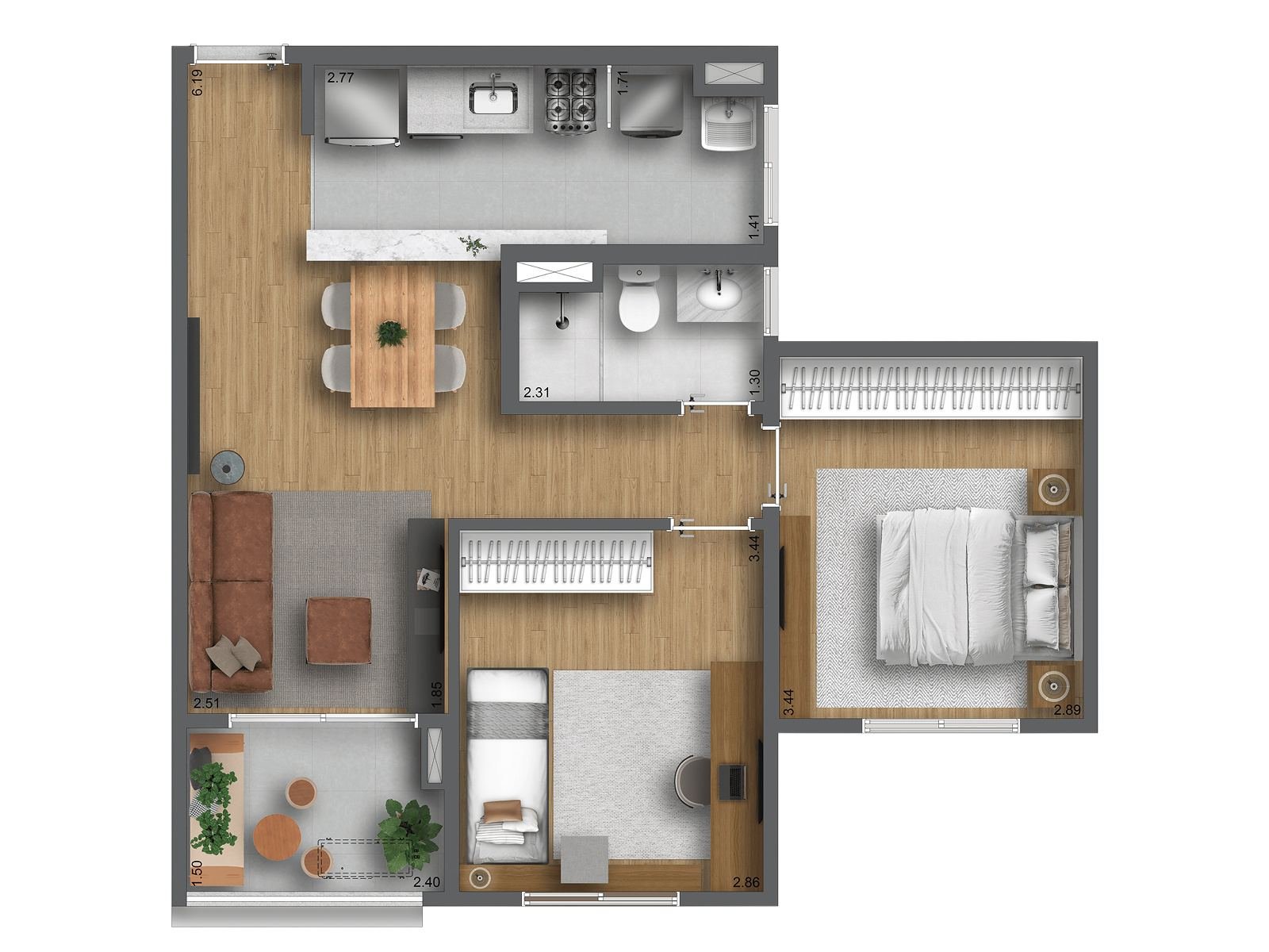 Planta 2 dorms 57 m&sup2;