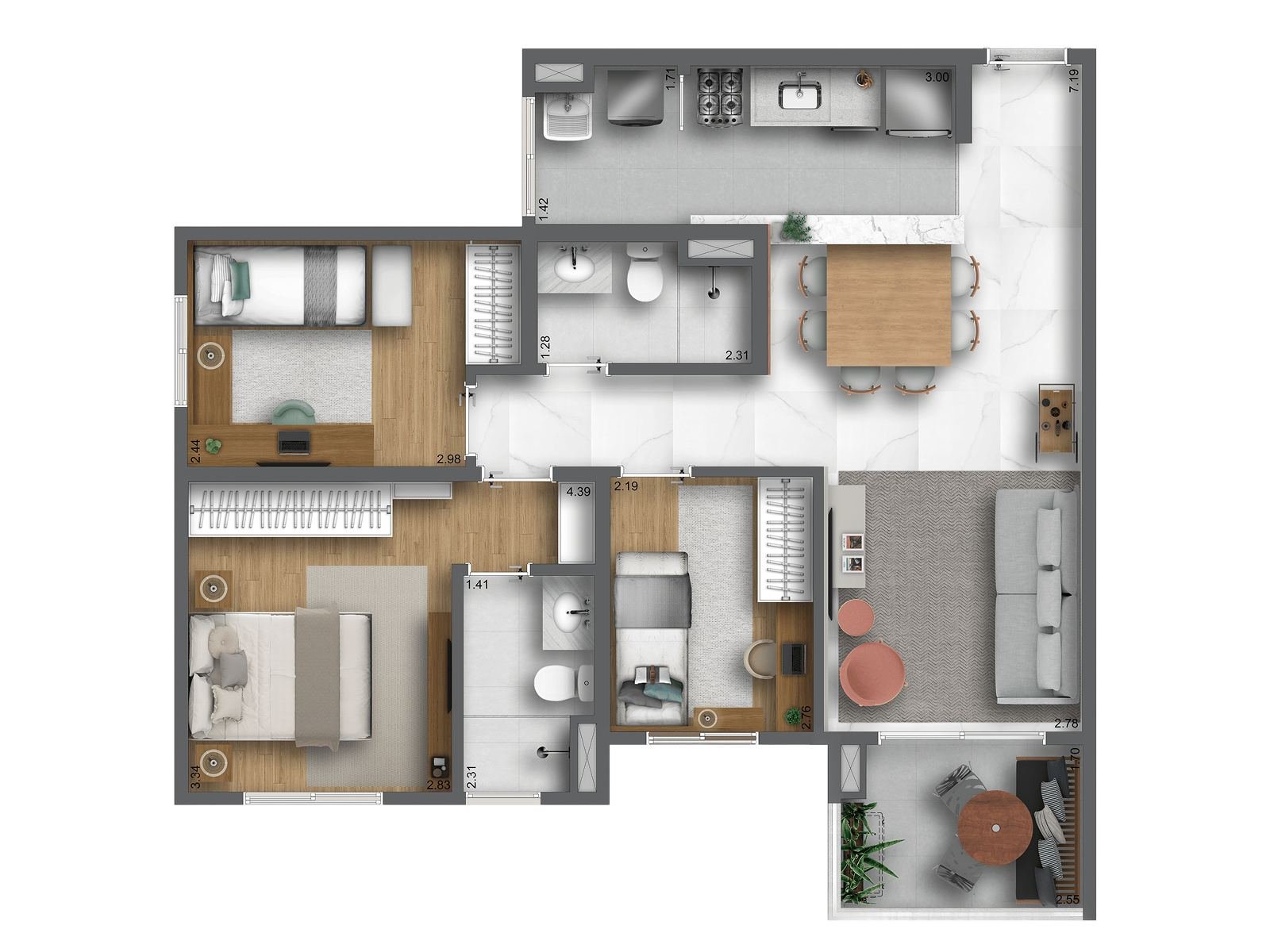 Planta 3 dorms 74 m&sup2;